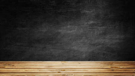 Wooden table on black wall in dark room background for product montage. 3d illustration.の写真素材