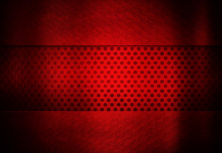 Red metal template with mesh. Grunge background for technology design.3d illustration.の写真素材