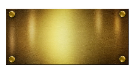 Gold metal plate with rivets on white background. Old texture with space for your text 3D illustrationの写真素材