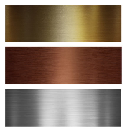 Silver, gold and bronze metal high quality plates. Set of brushed metal texturesの写真素材