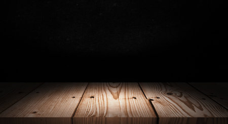 Wood table and black wall, empty wooden floor space with background for product display. 3d...