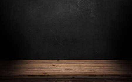 Empty wooden table on abstract black wall in dark room background 3d illustration.の写真素材