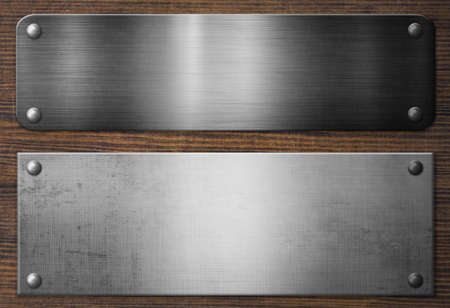 Metal signboards with rivets on a wooden texture. Vintage frames on wood planks background. 3d illustrationの写真素材