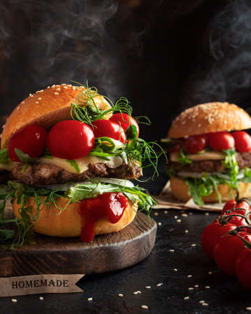 ready-made hot burger on the cutting boardの写真素材