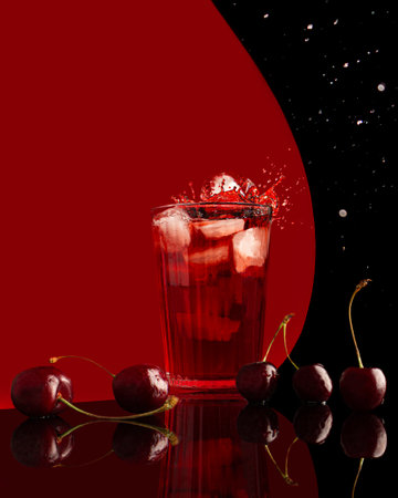 cherry juice with ice in a glass on a red paper background. Trending photo. Juice splashes on a black background. Cherry on the glass surface. Copy spaceの写真素材