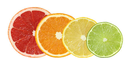 cut grapefruit, orange, lemon and lime fruits isolated on white backgroundの写真素材