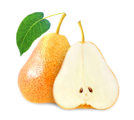 whole and cut yellow pear with leaf isolated on white backgroundの写真素材