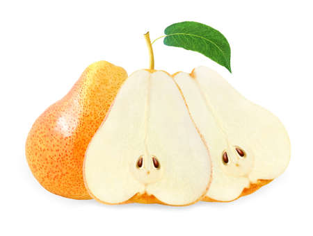 whole and cut yellow pear with leaf isolated on white backgroundの写真素材