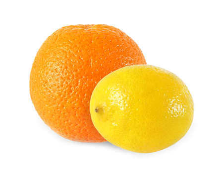 whole lemon and orange fruits  isolated on white background with clipping pathの写真素材