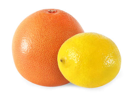 whole grapefruit and lemon fruits isolated on white backgroundの写真素材