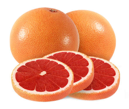 cut and whole grapefruit fruits isolated on white backgroundの写真素材