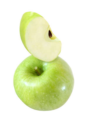 hanging, falling, hovering and flying piece of apple fruits isolated on white backgroundの写真素材