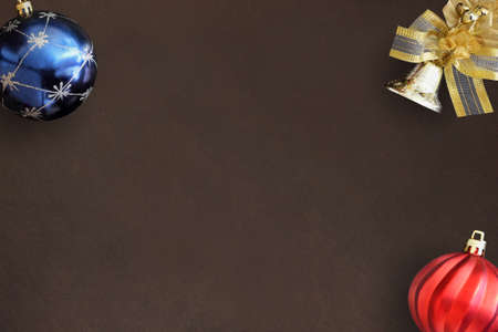 christmas blue and red wavy ball, decorative bell on dark backgroundの写真素材