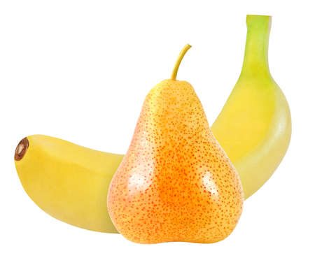 whole banana and pear isolated on white backgroundの写真素材