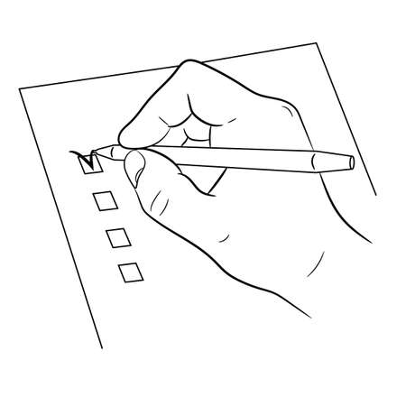 hand and pen mark on checklist on white background of monochrome vector illustrationsのイラスト素材