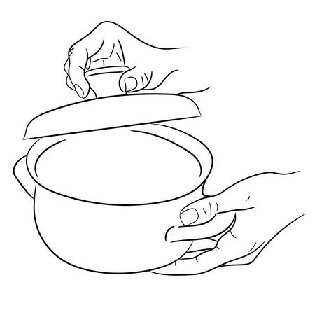 hands holding a saucepan and cover of vector illustrationsのイラスト素材