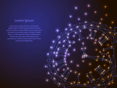 Abstract vector image switches hours of polygonal lines and glowing stars on a dark backgroundのイラスト素材