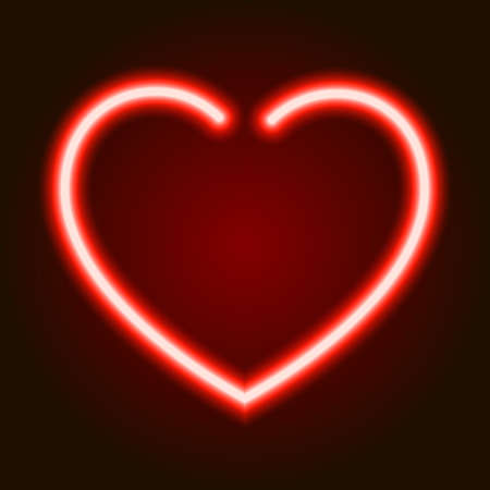 Red neon glowing heart symbol of love on dark background of vector illustrationのイラスト素材