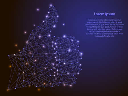 Abstract vector image hand raised thumb up of polygonal blue lines and glowing stars on a dark backgroundのイラスト素材