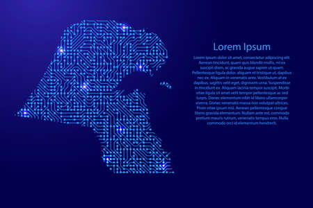 Map Kuwait from printed board, chip, and radio component with blue star space on the contour for banner, poster, greeting card of vector illustration.のイラスト素材