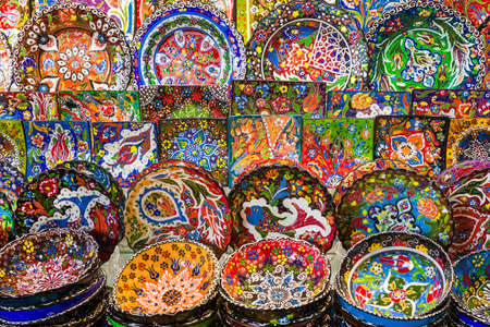 Arabic ceramic plates with multicolored patterns on the Bazaarの写真素材