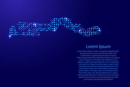 Map Gambia from printed board, chip and radio component with blue star space on the contour for banner, poster, greeting card. Computer electronics processor motherboard. Vector illustration.のイラスト素材