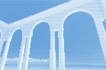 Image collage of rotunda gazebo on the seafront from horizontal lines and paths of variable color blue thickness. Vector illustration.のイラスト素材