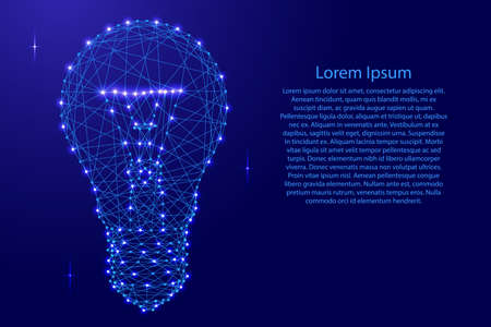 Glowing light bulb from polygonal blue lines and glowing stars for banner, poster, greeting card. Vector illustration.のイラスト素材
