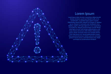 Danger sign exclamation point in triangle from futuristic polygonal blue lines and glowing stars for banner, poster, greeting card. Vector illustration.のイラスト素材