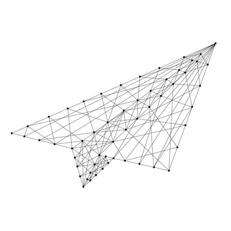 Plane origami paper from futuristic polygonal black lines and dots. Vector illustration.
