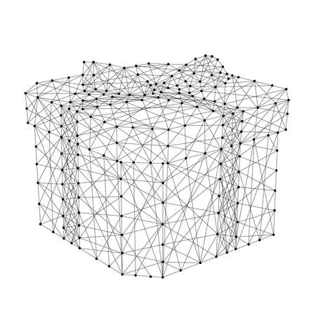 Gift box with ribbons and bow from futuristic polygonal black lines and dots. Vector illustration.のイラスト素材