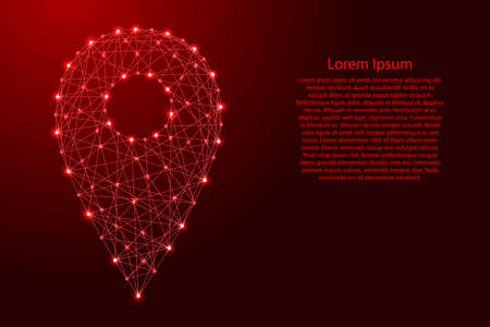 Pin mark travel route location from futuristic polygonal red lines and glowing stars for banner, poster, greeting card. Vector illustration.のイラスト素材