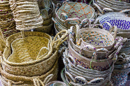 Wicker baskets with colorful patterns in the Eastern marketの写真素材