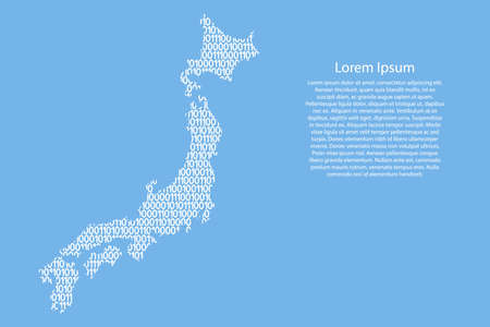 Japan map abstract schematic from white ones and zeros binary digital code on light blue background for banner, poster, greeting card. Vector illustration.のイラスト素材