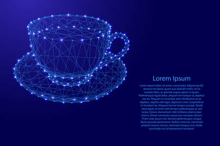 Cup mug with coffee or tea on a saucer from futuristic polygonal blue lines and glowing stars for banner, poster, greeting card. Vector illustration.のイラスト素材