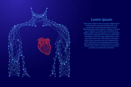 Man torso heart in breast medicine health from futuristic polygonal blue and red lines and glowing stars for banner, poster, greeting card. Vector illustration.のイラスト素材
