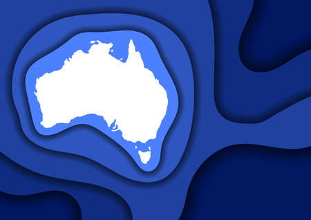 Australia map abstract schematic from blue layers paper cut 3D waves and shadows one over the other. Layout for banner, poster, greeting card. Vector illustration.のイラスト素材