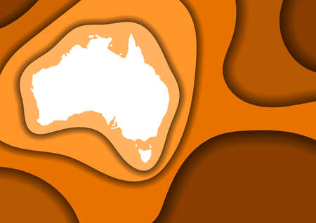 Australia map abstract schematic from orange layers paper cut 3D waves and shadows one over the other. Layout for banner, poster, greeting card. Vector illustration.のイラスト素材