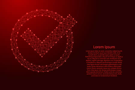 Check mark in circle round from futuristic polygonal red lines and glowing stars for banner, poster, greeting card. Vector illustration.のイラスト素材