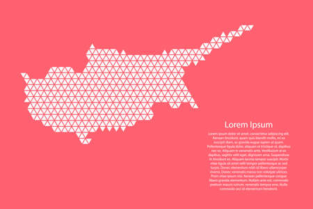 Cyprus map abstract schematic from white  triangles repeating pattern geometric on pink coral color  background with nodes for banner, poster, greeting card.のイラスト素材