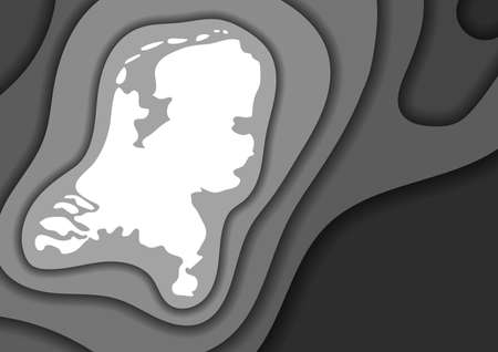 Netherlands map abstract schematic from grey monochrome layers paper cut 3D waves and shadows one over the other. Layout for banner, poster, greeting card. Vector illustration.のイラスト素材