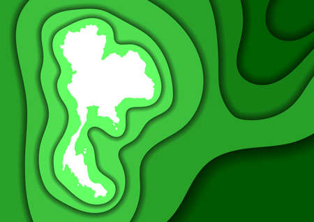 Thailand map abstract schematic from green layers paper cut 3D waves and shadows one over the other. Layout for banner, poster, greeting card. Vector illustration.のイラスト素材
