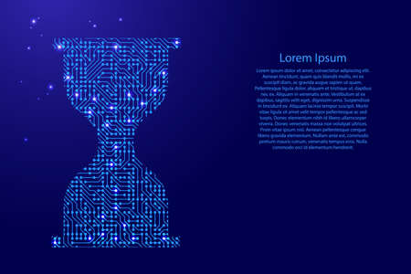 Hourglass icon from printed board, chip and radio component with blue star space on the contour for banner, poster, greeting card. Computer electronics processor motherboard. Vector illustration.のイラスト素材