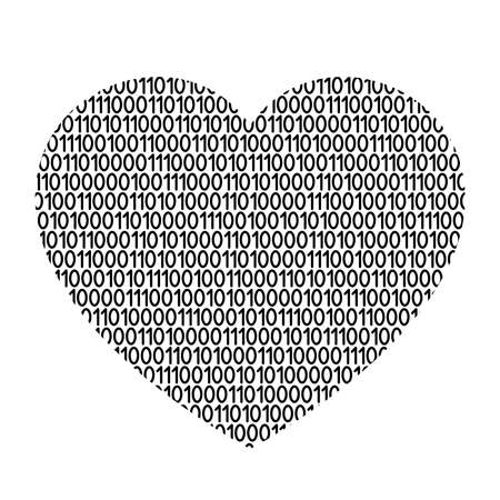 Heart icon symbol of love abstract schematic from black ones and zeros binary digital code. Vector illustration.のイラスト素材
