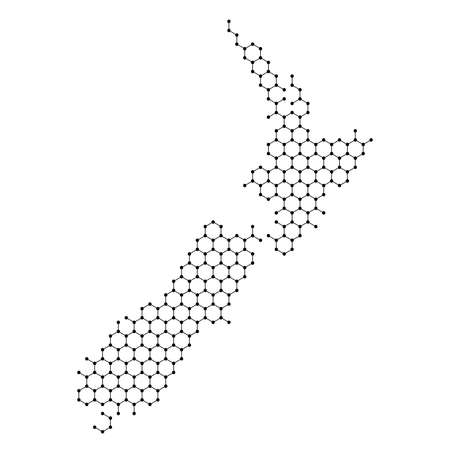 New Zealand map from abstract futuristic hexagonal shapes, lines, points black, in the form of honeycomb or molecular structure. Vector illustration.のイラスト素材