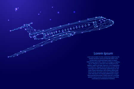 Aircraft passenger flying from futuristic polygonal blue lines and glowing stars for banner, poster, greeting card. Vector illustration.のイラスト素材