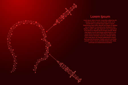 Concept antiage silhouette of the head and face of a man with syringes injections from futuristic polygonal red lines and glowing stars for banner, poster, greeting card. Vector illustration.のイラスト素材