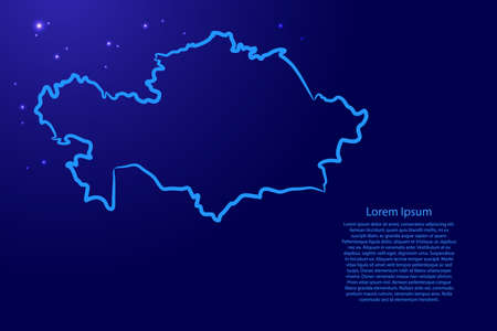 Kazakhstan map from the contour blue brush lines different thickness and glowing stars on dark background. Vector illustration.のイラスト素材
