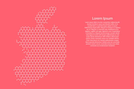 Republic of Ireland map from futuristic hexagonal shapes, lines, points white, form of honeycomb or molecular structure on pink rose color coral background. Vector illustration.のイラスト素材