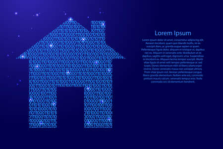 Home smart image icon abstract schematic from blue ones and zeros binary digital code with space stars for banner, poster, greeting card. Vector illustration.のイラスト素材
